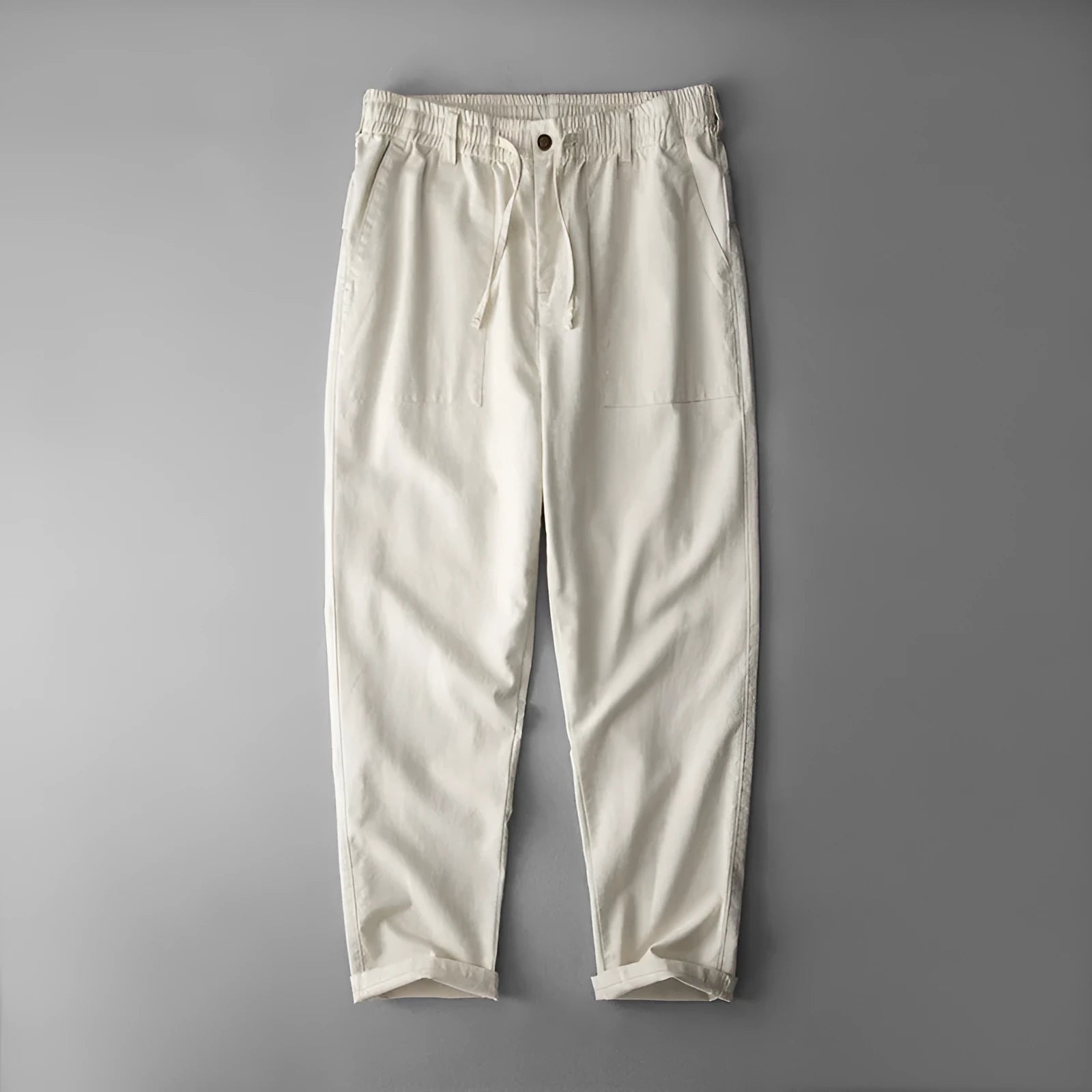 Men's linen trousers in solid colour with mid waist design for casual leisure wear