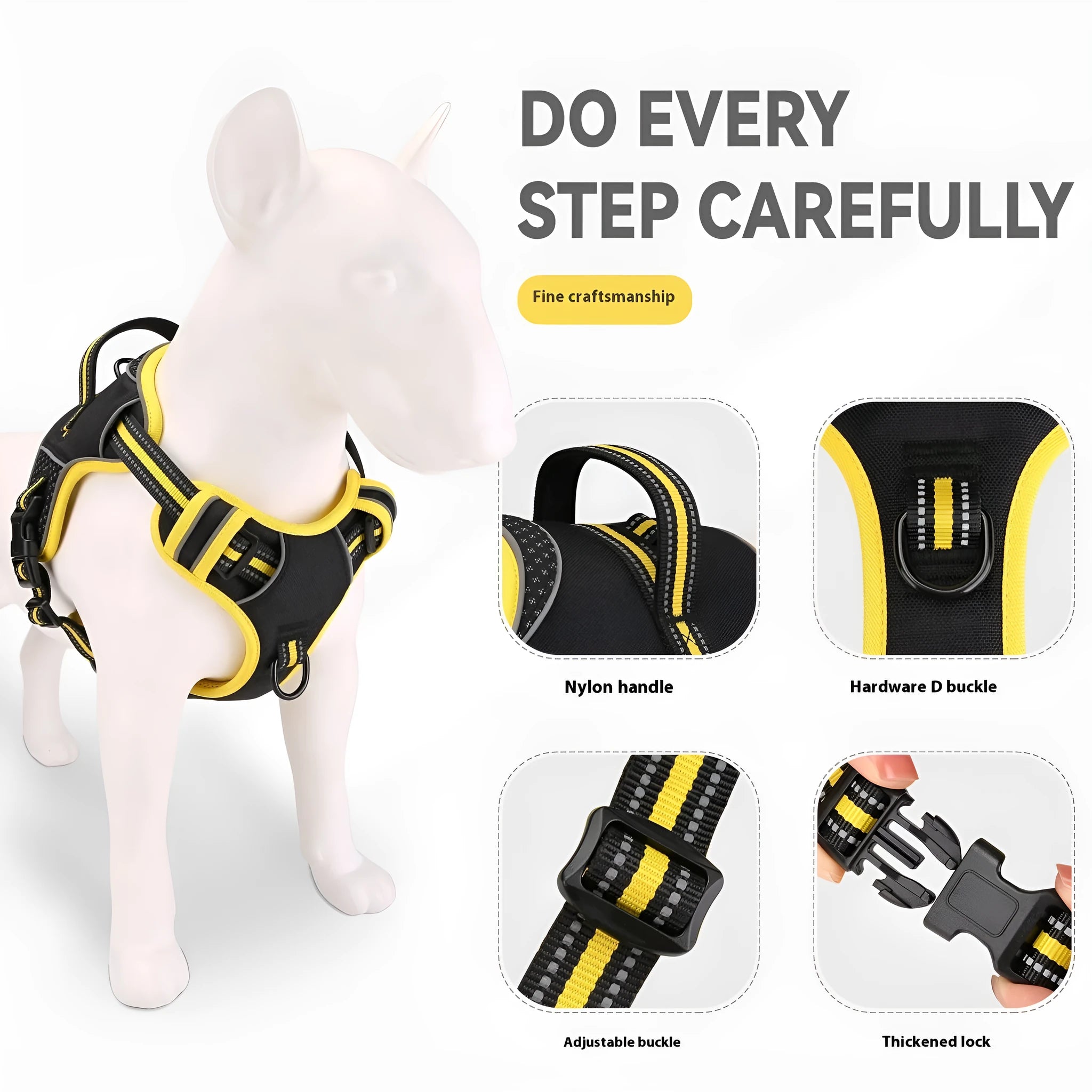 Yellow and orange polyester dog harness and leash set shown in small, medium, and large sizes.