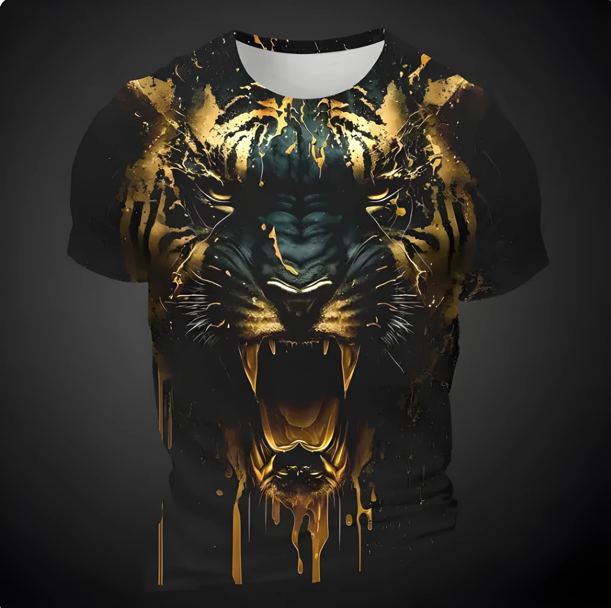 Men's grey T-shirt with detailed 3D tiger pattern print on front, short sleeves, pullover style
