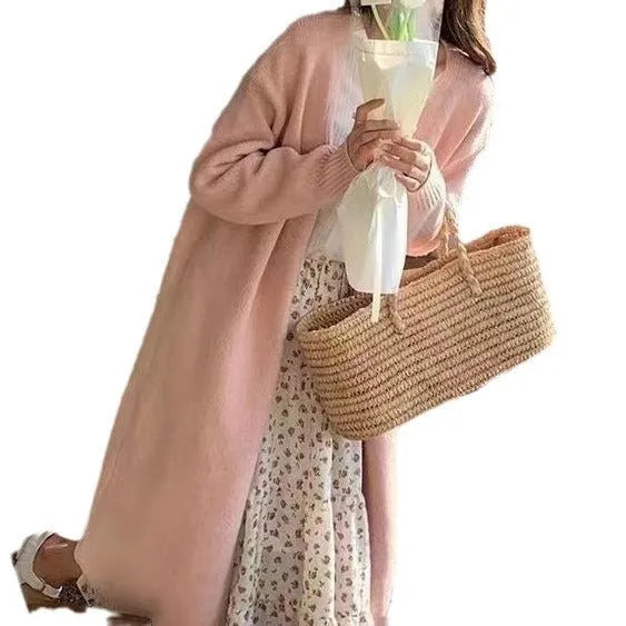 Women's medium length knitted cardigan in khaki colour with V-neck and long sleeves