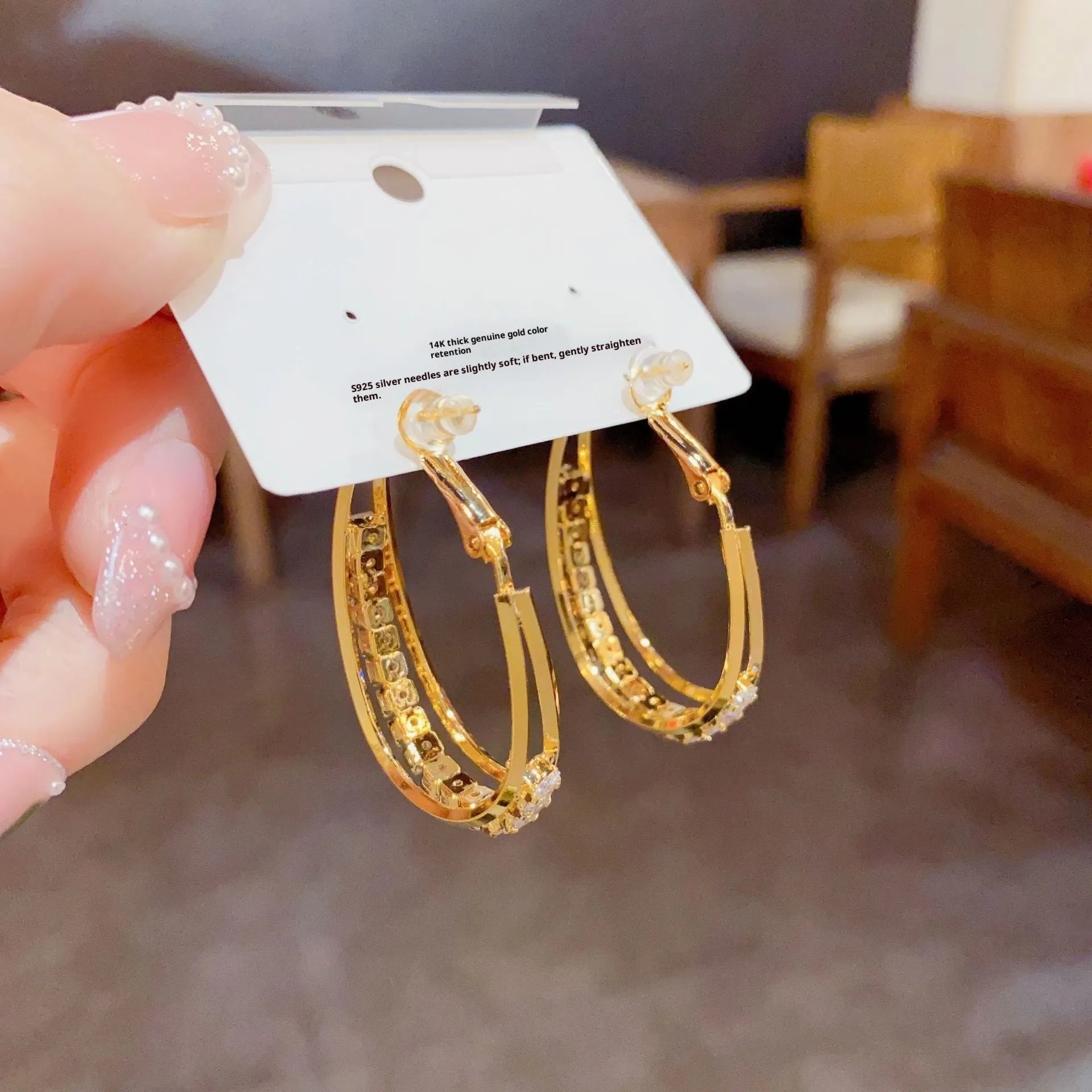 Fashion OL zircon oval ear ring, thick gold plated copper, geometric women earring