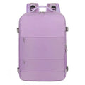 Large purple Oxford cloth travel backpack with multiple compartments and an air pillow belt on the straps.