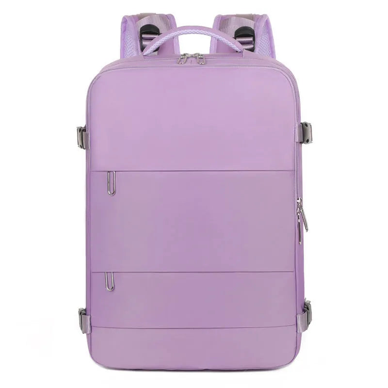 Large purple Oxford cloth travel backpack with multiple compartments and an air pillow belt on the straps.