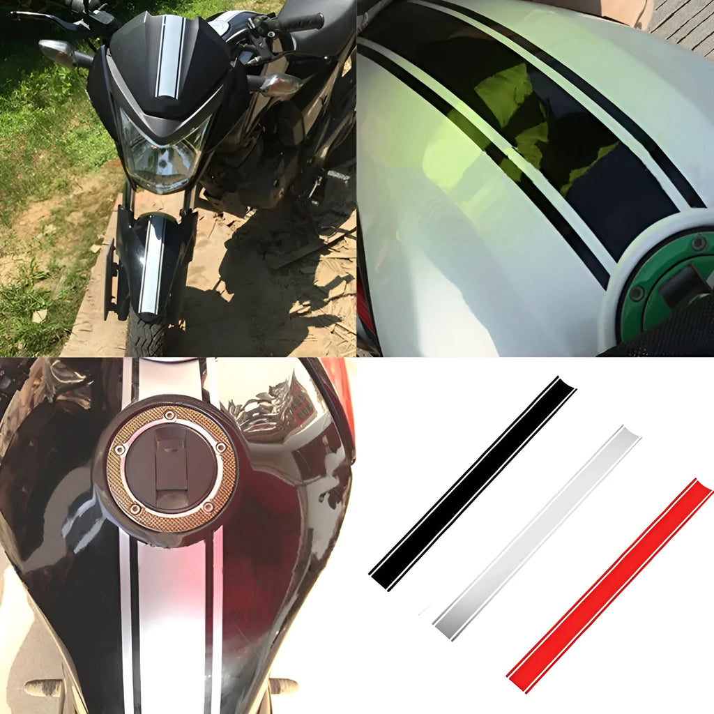 Motorcycle petrol tank reflective pinstripe sticker in black, red, silver, or yellow measuring 50cm by 4.5cm
