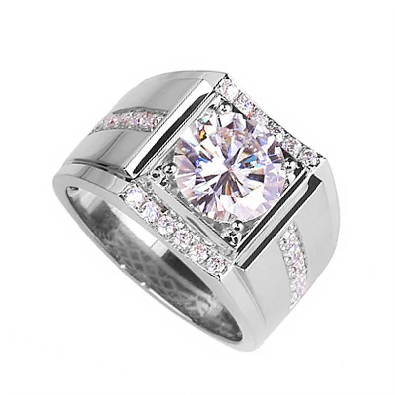 Geometric diamond zircon men's ring in rose gold on a hand, showing adjustable open mouth design.