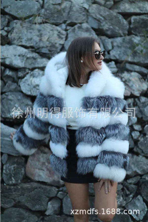 Women's artificial fur hooded coat in street fashion style, shown in brown and white silver fox colour options