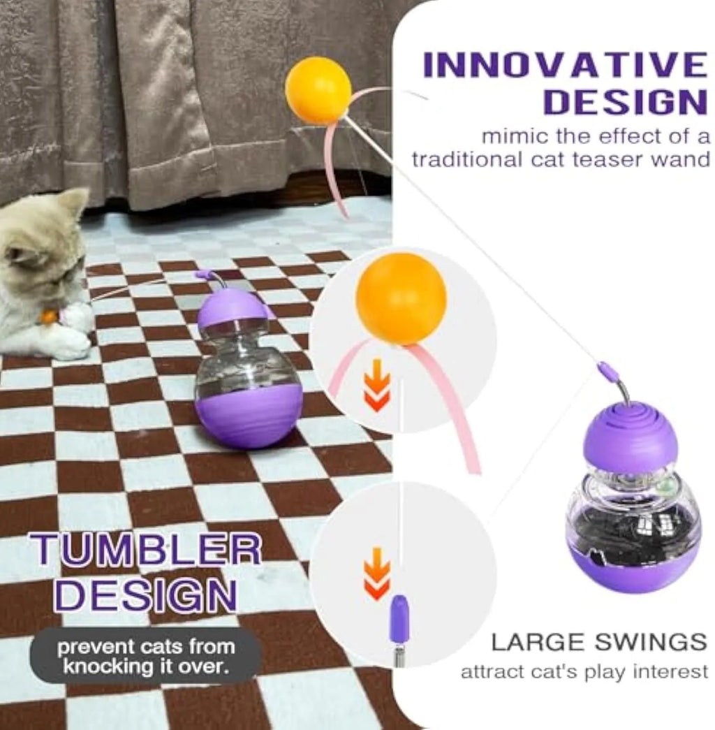 Multi-colour cat interactive toy with rocking base, slow feeder compartment, and bouncing teaser wand with plastic ball attachment