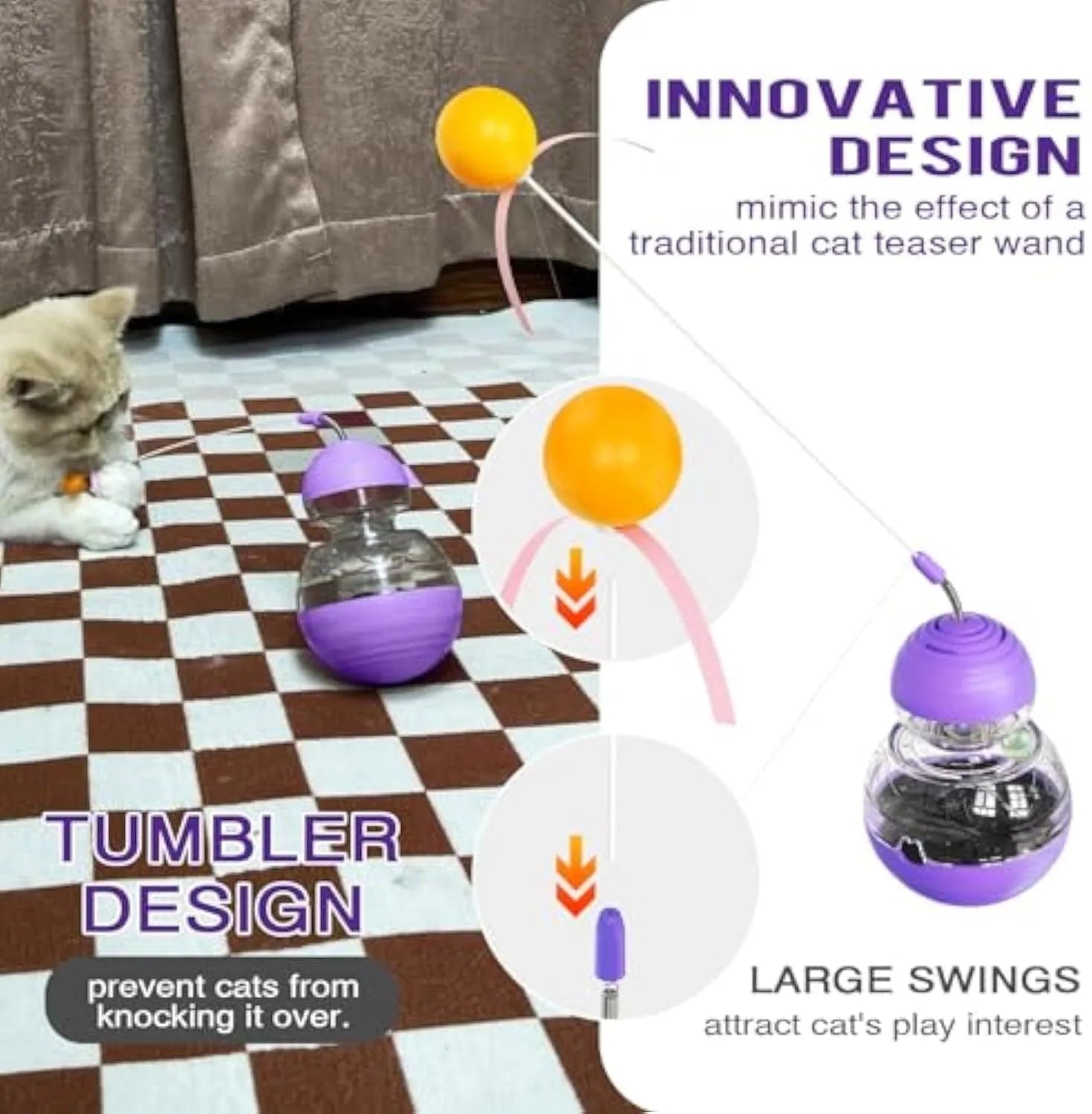 Multi-colour cat interactive toy with rocking base, slow feeder compartment, and bouncing teaser wand with plastic ball attachment