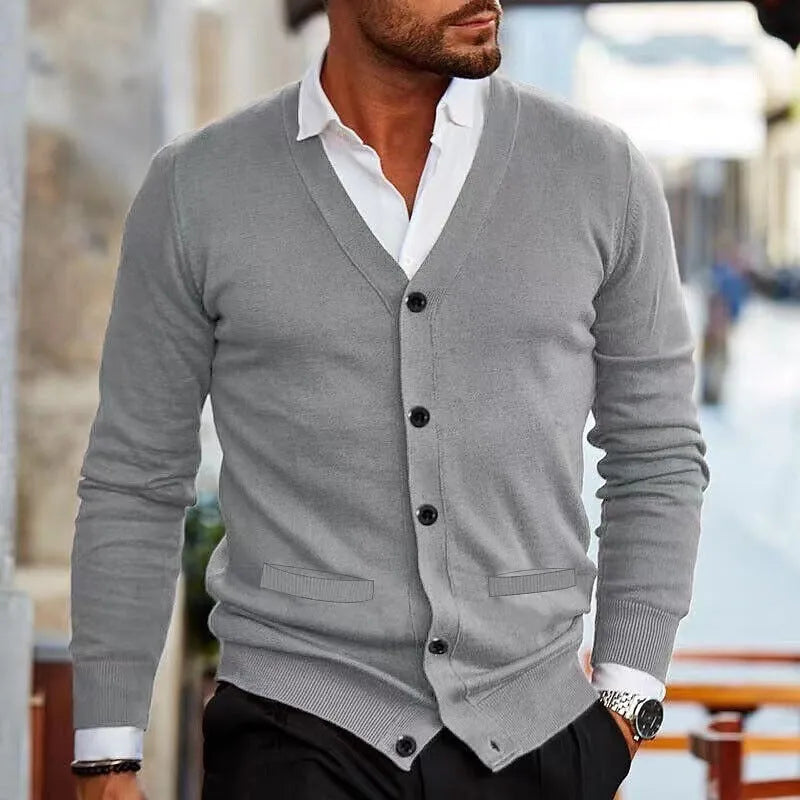 Men's slim fit acrylic cardigan sweater in a choice of seven colours including beige, black, grey, wine red, and green.