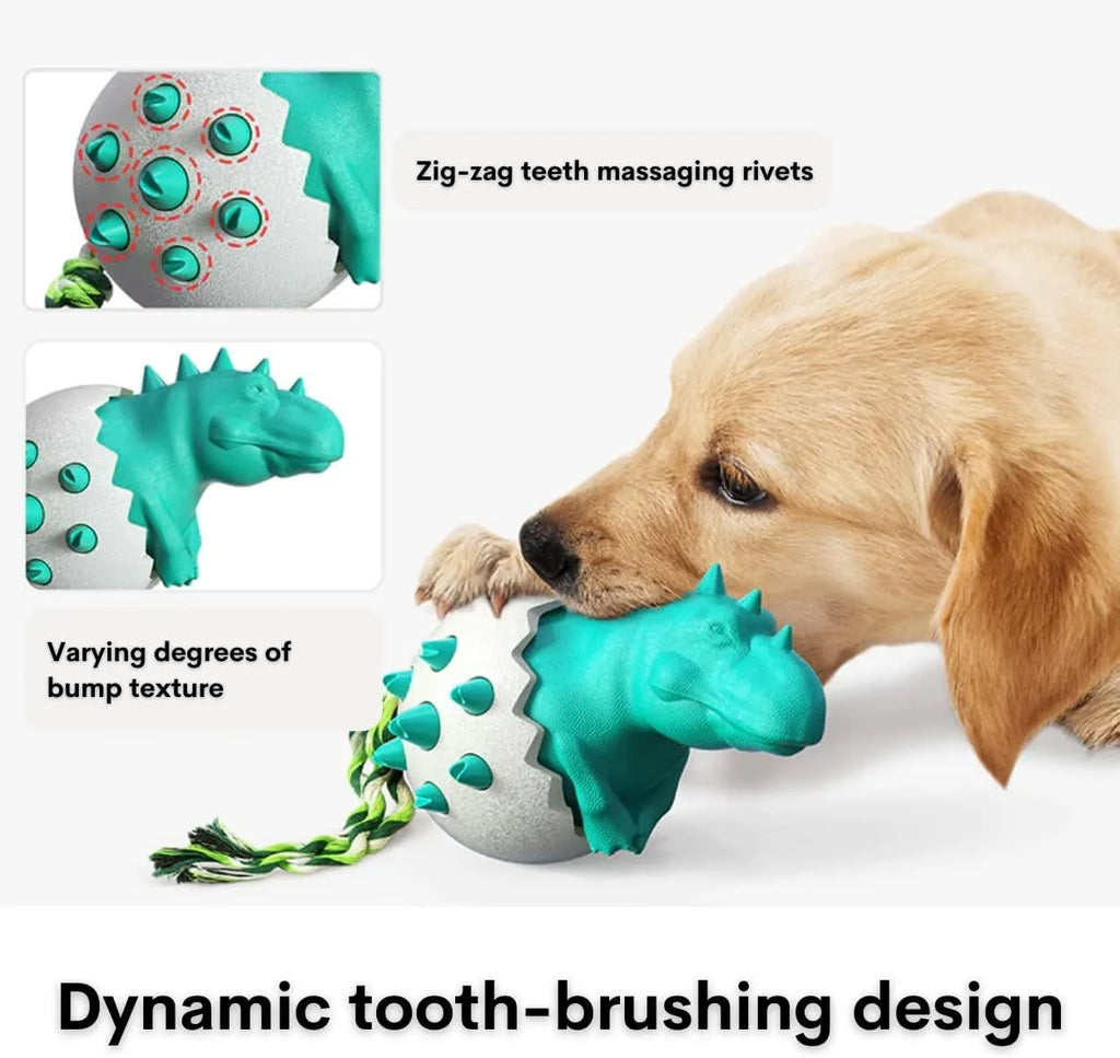 Durable dinosaur-shaped dog teething toy with rope attachment in blue, green, orange or yellow