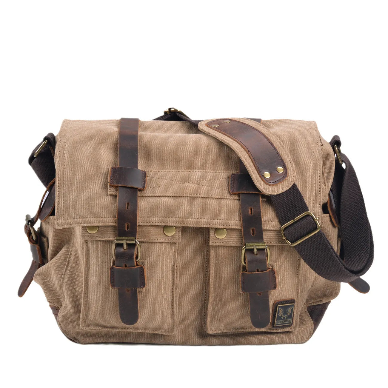 Men's canvas crossbody shoulder bag with cowhide trim in horizontal square shape