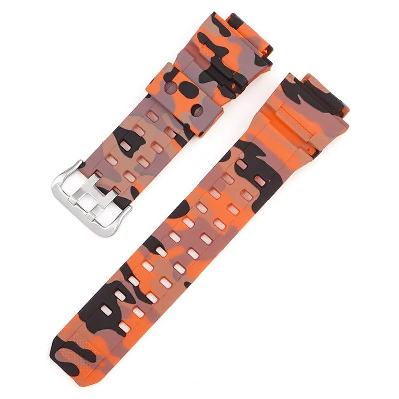 Camouflage pattern TPU watch strap with silver buckle showing 19cm length