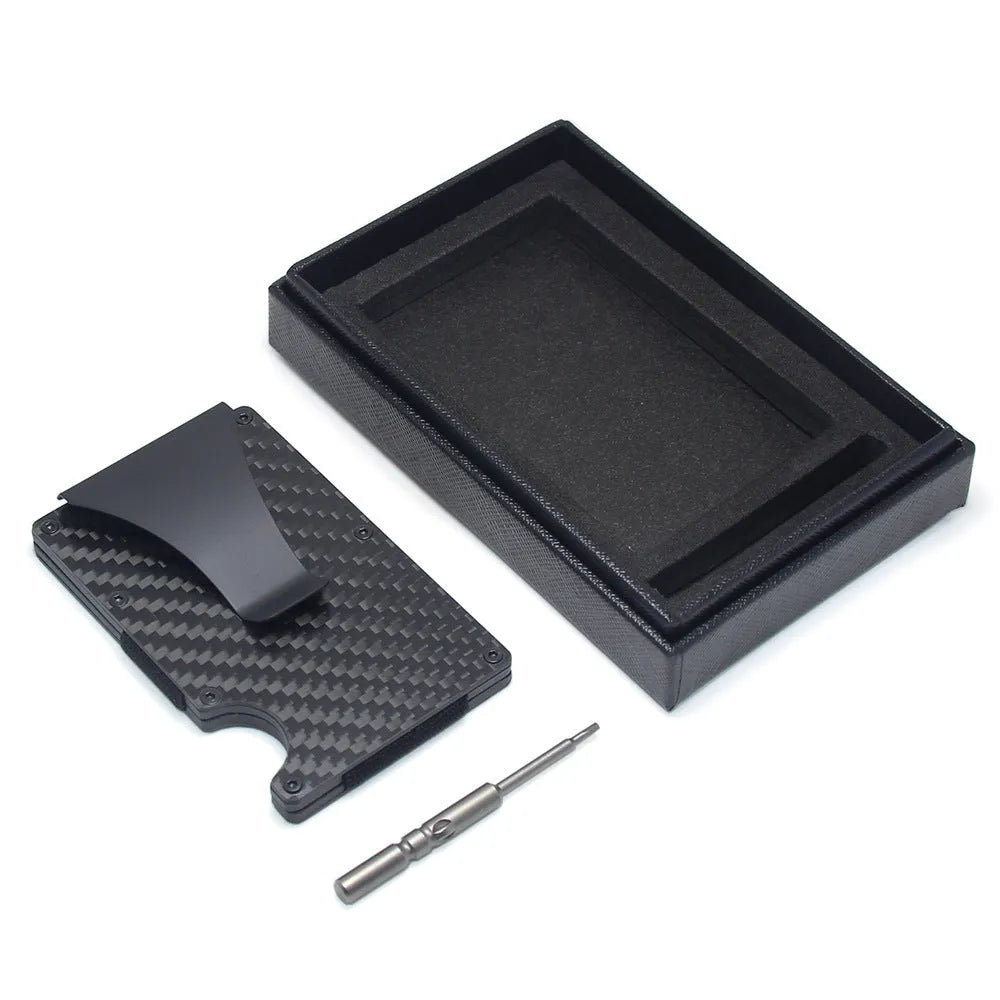 Carbon fibre and aluminium card holder wallet in multiple colours, showing 8 mm thickness.