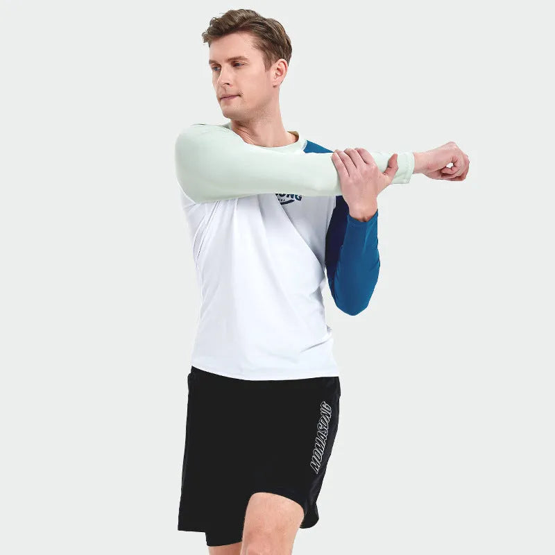 Men's white long sleeve swim top and matching swim trunks set on a mannequin
