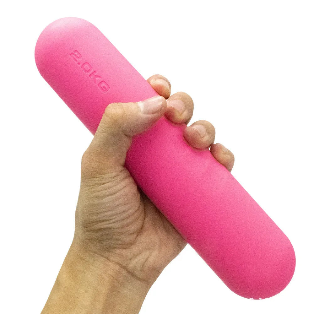 A silicone-edged hand-drawn dumbbell stick in various colours and weights for fitness training.