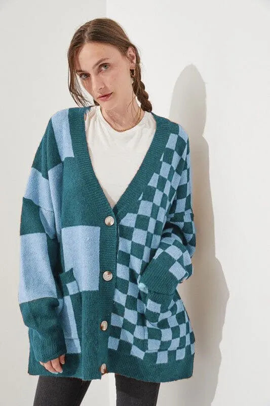 Loose fit cardigan with printed checks pattern in multiple colour options including grey, maroon and peacock blue