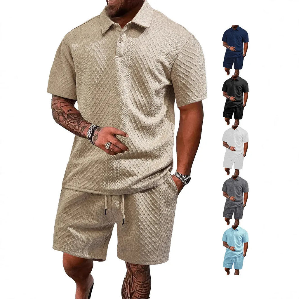 Men's figured cloth casual suit set with short sleeve polo shirt and matching trousers in multiple colour options