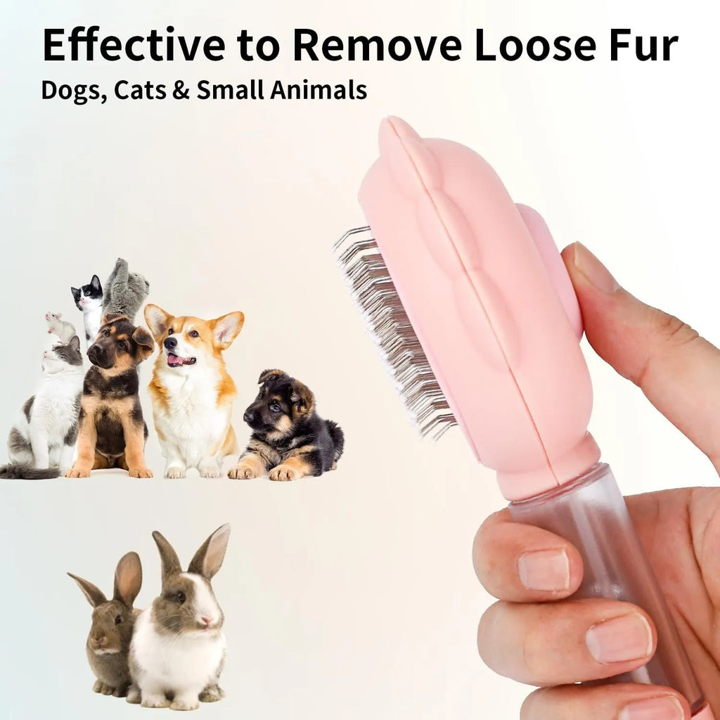 Grey spray cat brush with release button on a white background, showing the bristle head and spray nozzle.