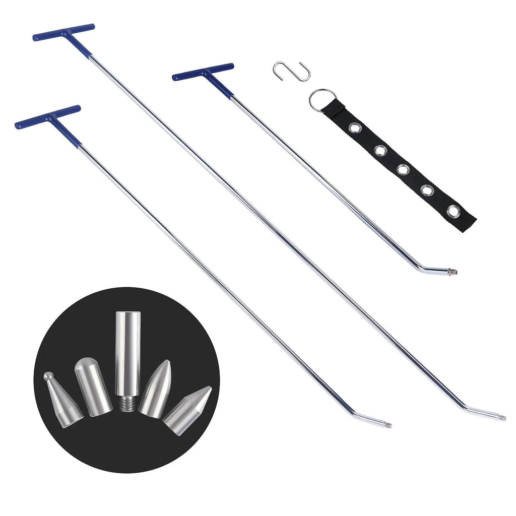 Three-piece alloy steel car dent repair tool set with hook crowbar on a workshop bench