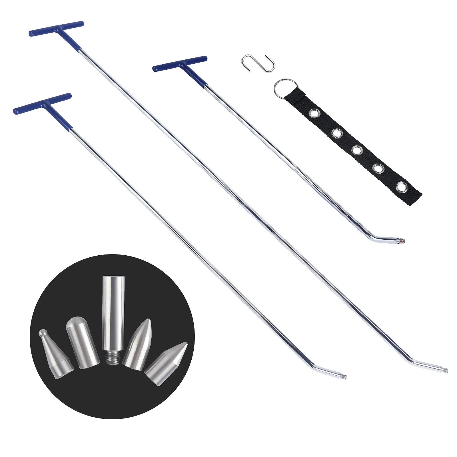 Three-piece alloy steel car dent repair tool set with hook crowbar on a workshop bench