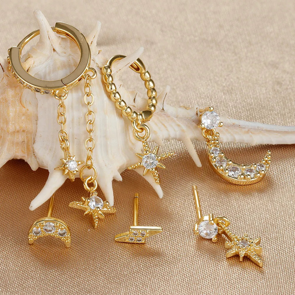 XINGX six piece gold electroplated chain tassel earrings set with zircon details on copper
