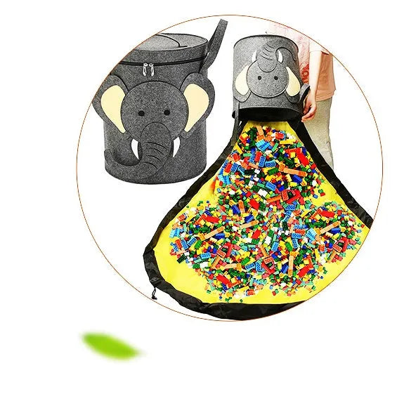 Green felt cube storage bag with pull rope, shown as a toy organiser and play mat.