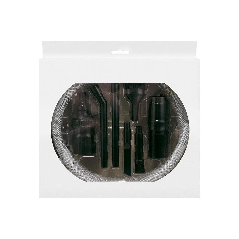 Eight-piece vacuum cleaner accessory tool set with small suction head for compact spaces