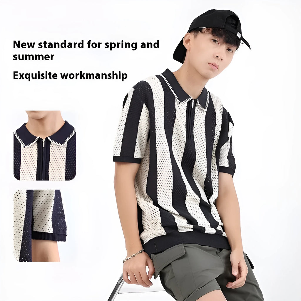 Men's striped short sleeve ice silk viscose sweater with zipper decoration