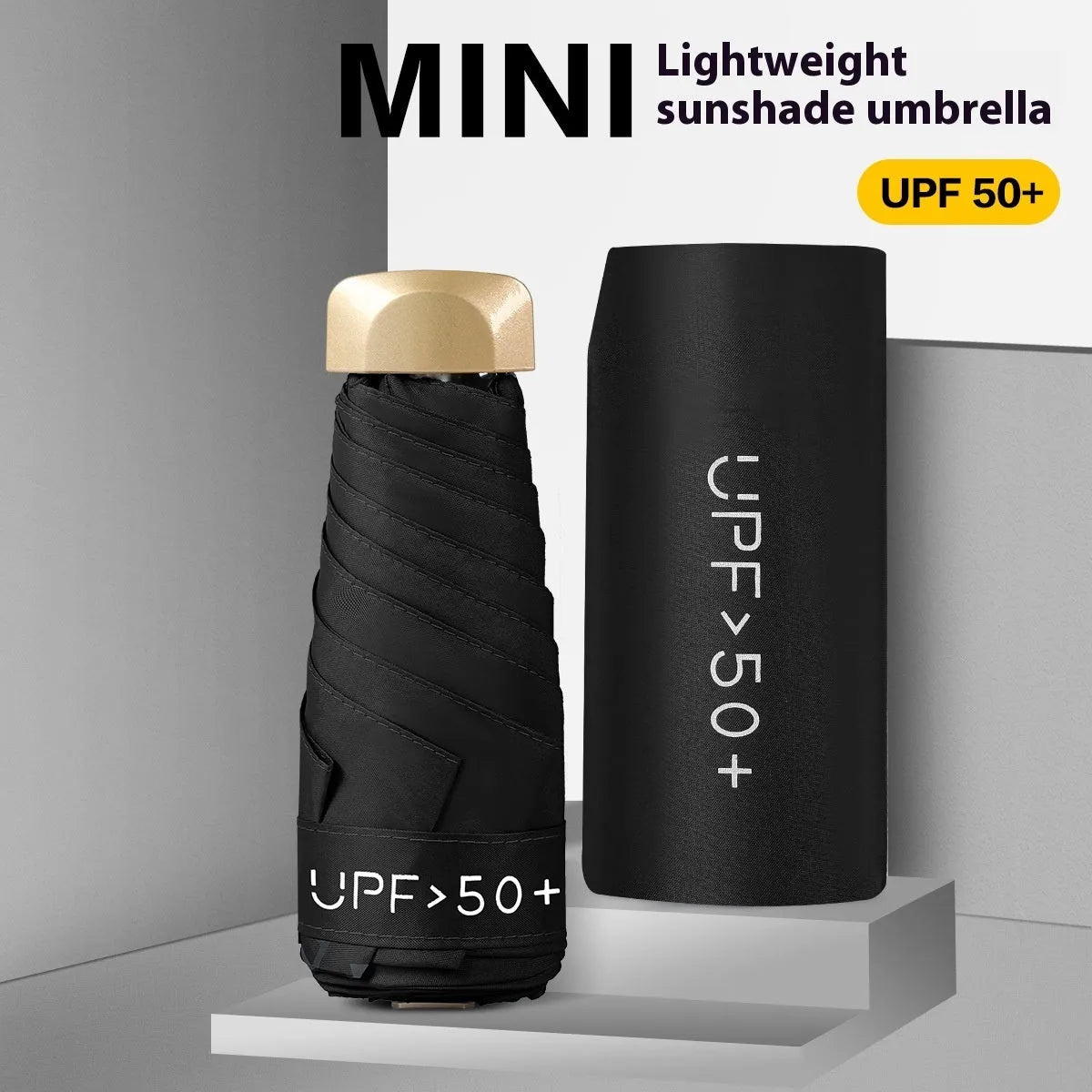Closed 5-fold mini pocket sun umbrella showing compact size and rubber handle