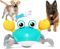 Blue or red electronic crawling crab dog toy with lights, shown next to a charging cable