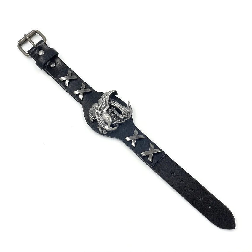 Black leather bracelet with alloy eagle watch-button closure, geometric design, 26cm length
