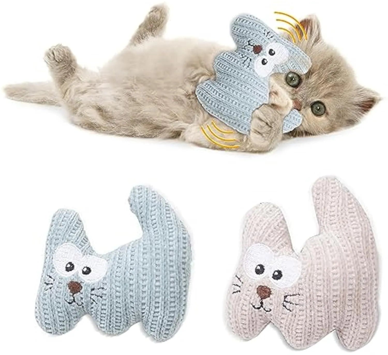 Cyan and light coffee coloured plush catnip toy with a bell, shown next to a measuring tape indicating 12cm length.