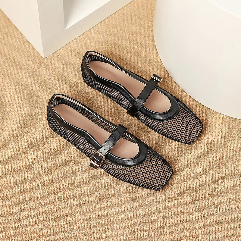 Women's breathable mesh hollow out pumps with buckle fastening and low flat heel