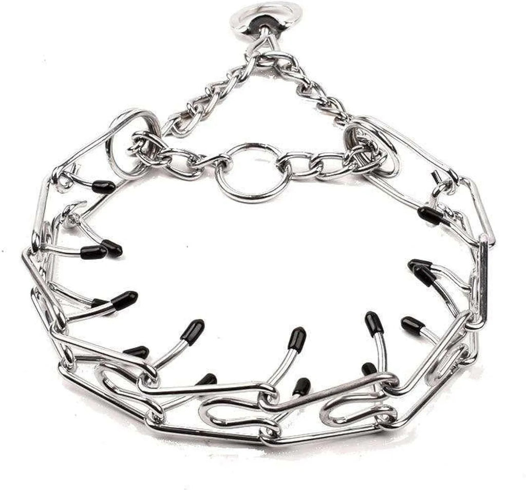 Stainless steel dog prong training collar with black rubber comfort tips, shown with adjustable chain links.