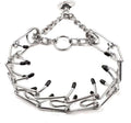 Stainless steel dog prong training collar with black rubber comfort tips, shown with adjustable chain links.