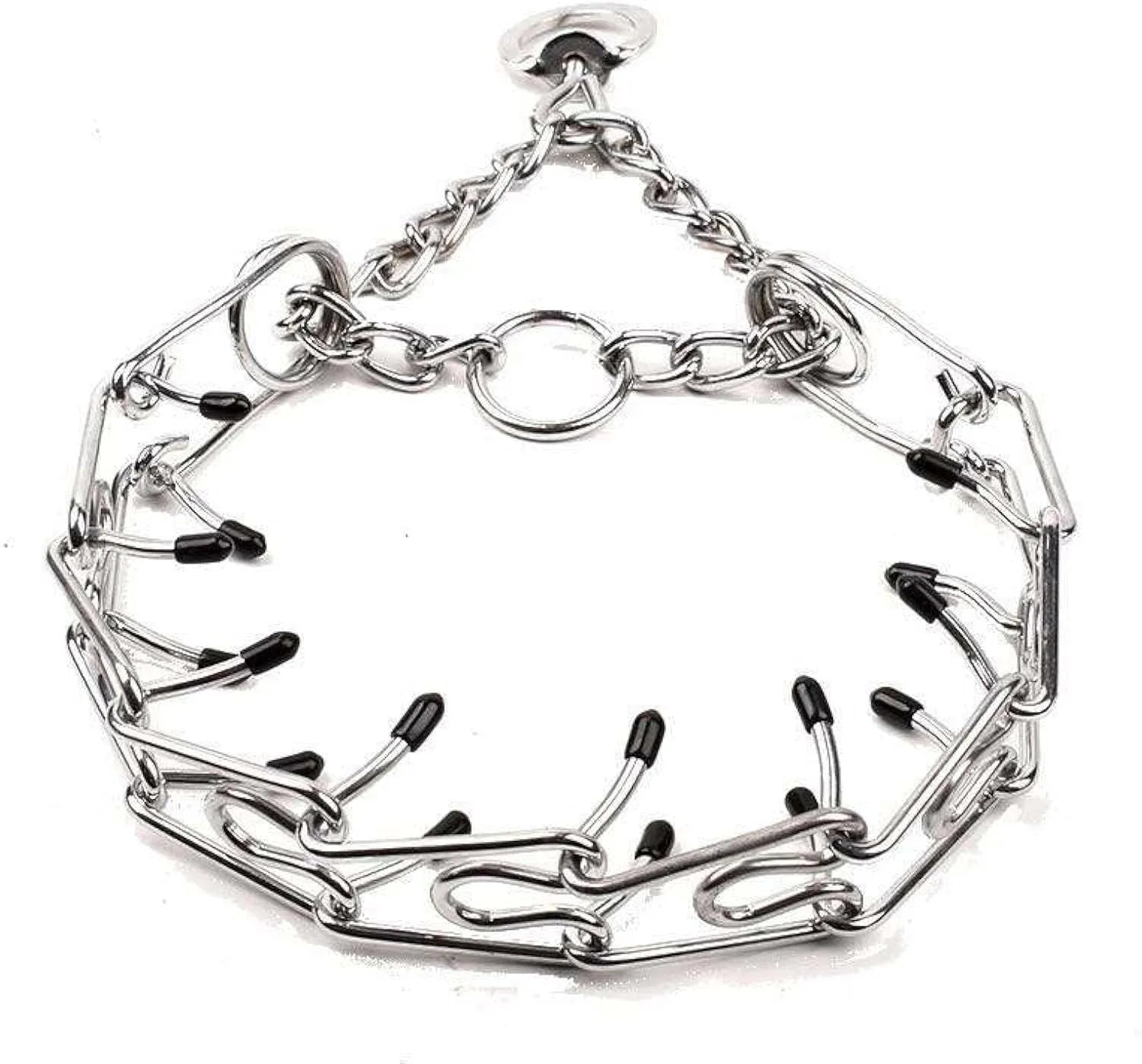 Stainless steel dog prong training collar with black rubber comfort tips, shown with adjustable chain links.
