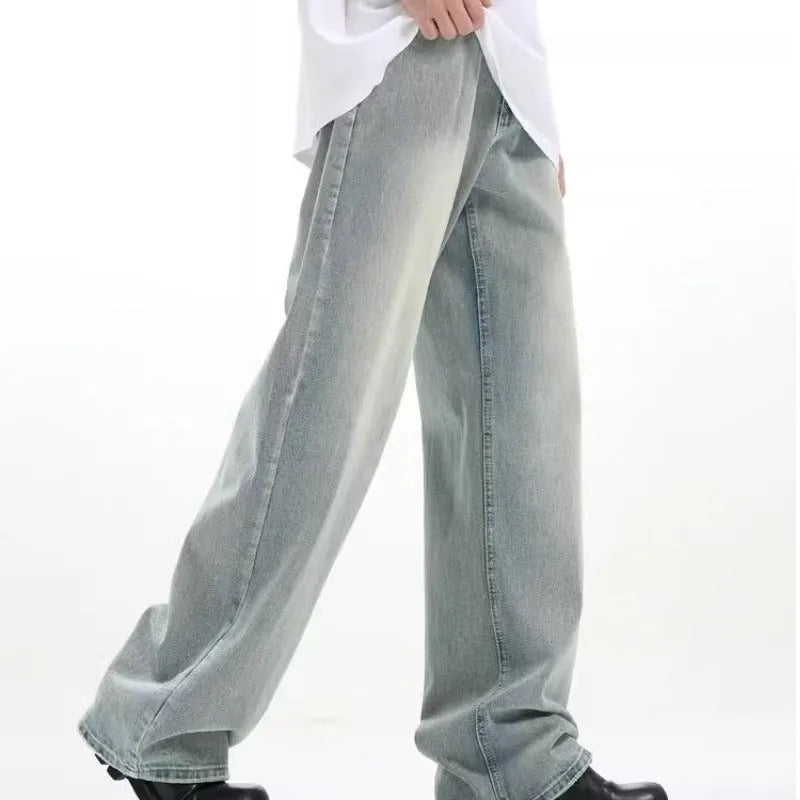 Blue retro-style loose fit trousers made from rabbit fur fabric on a neutral background.