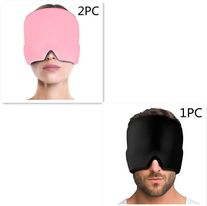 Black reusable gel ice mask for eyes and forehead on a white background