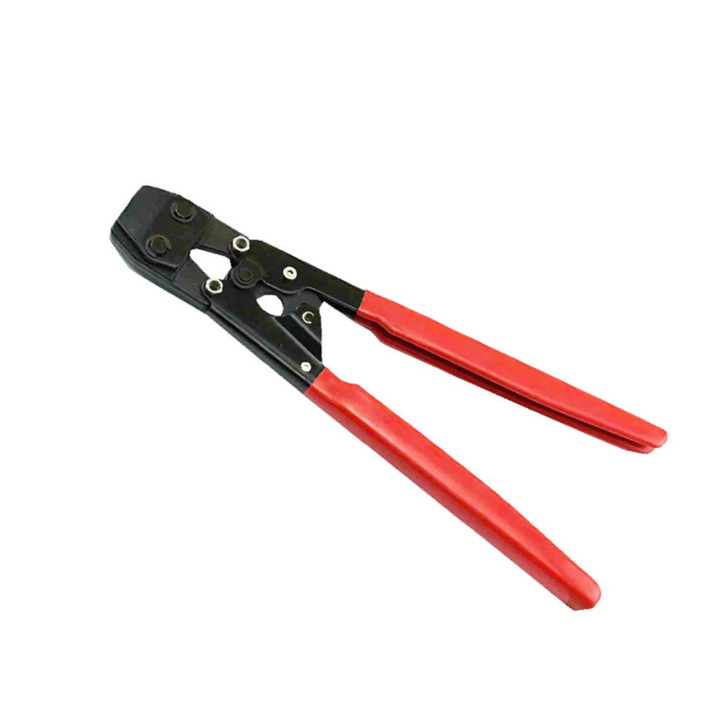 Red cloth packaged PEX clamp set with single ear metal clamps and carbon steel cutting edges