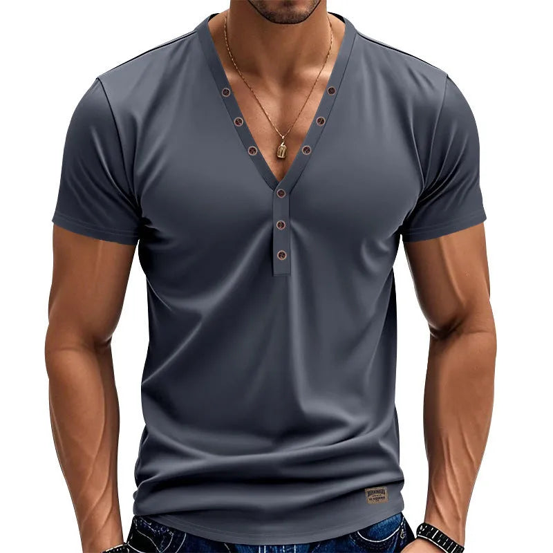 Men's loose fit V-neck button pullover in chemical fibre blend fabric available in multiple colours