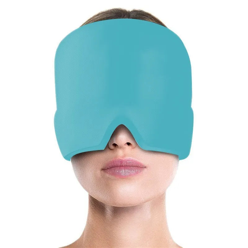 Black reusable gel ice mask for eyes and forehead on a white background