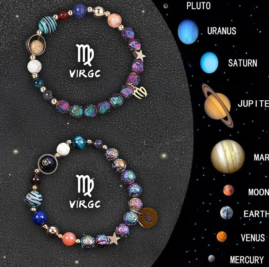Two natural stone beaded bracelets laid out, each featuring designs for different zodiac signs.