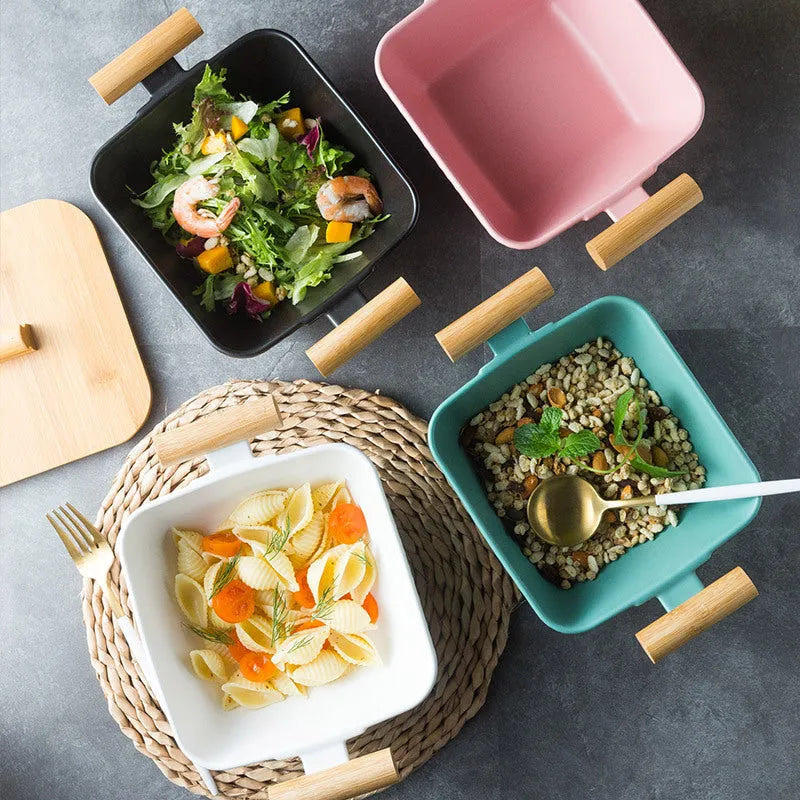 Irregular shaped porcelain ceramic bowl with lid in modern design, available in multiple colours