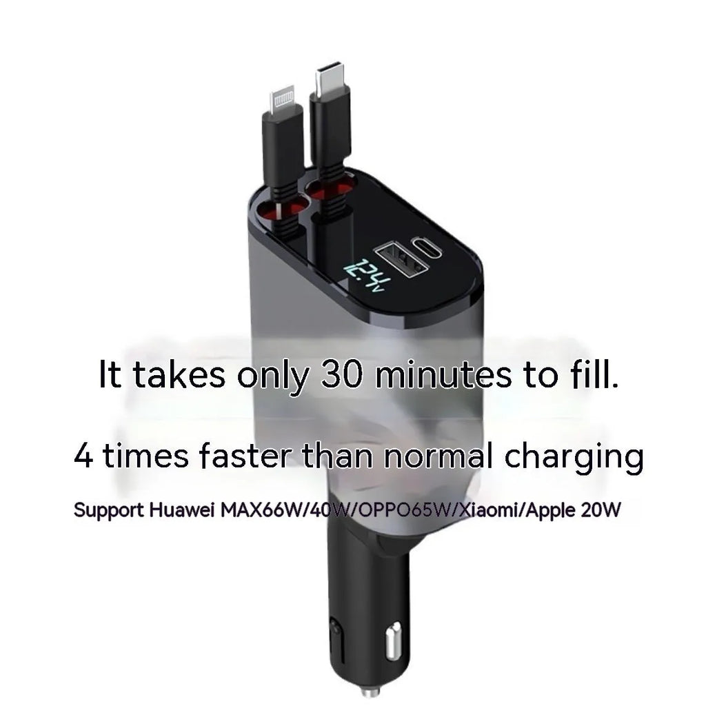 Automatic retractable car charger with cigarette lighter plug and retractable headband for cable management