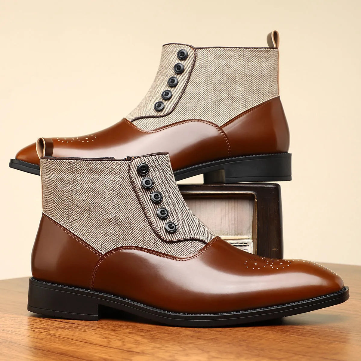 Men's brown retro formal shoes with side zipper closure and square toe