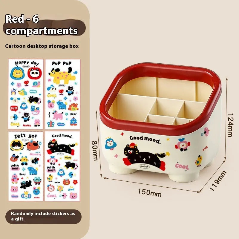 Cartoon design plastic desktop organiser with 2L capacity storage box and grid pattern for stationery organisation