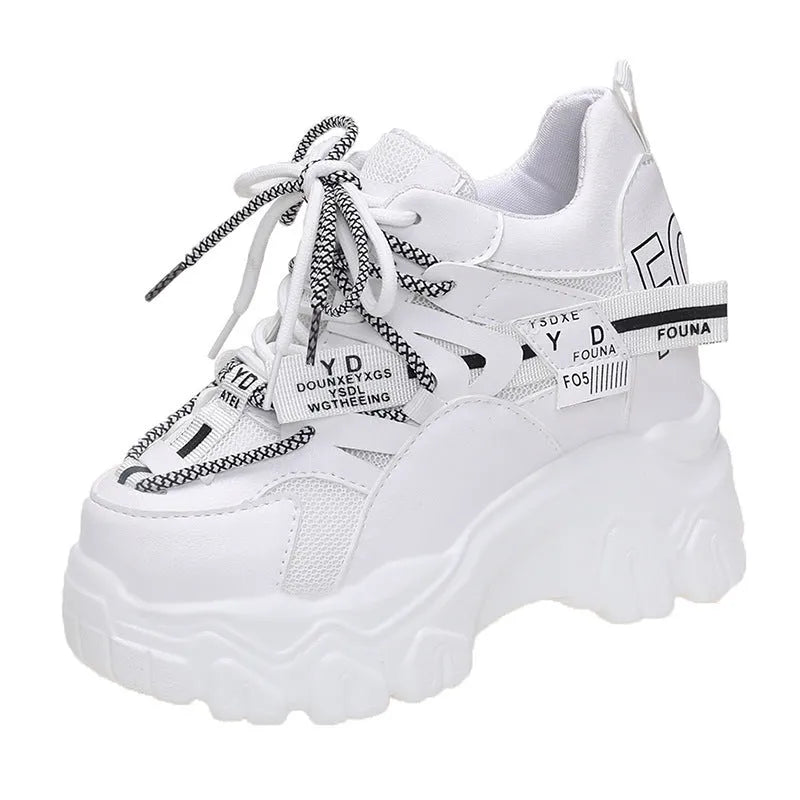 Women's white and black mesh platform sports shoes with cross-strap design and 6-8cm heel