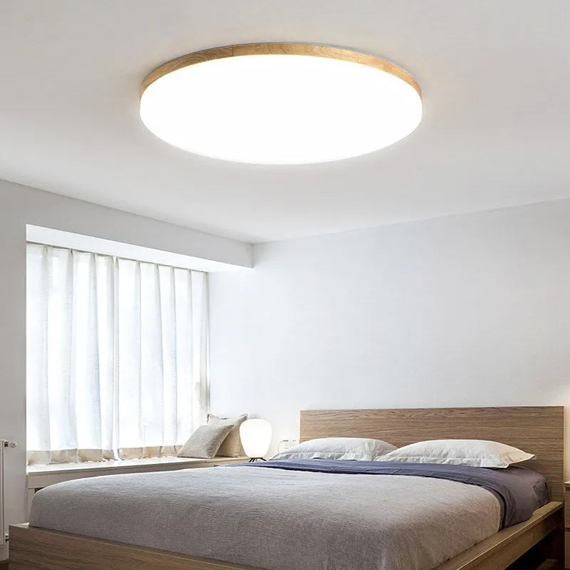 Japanese minimalist wood and acrylic LED ceiling lamp showing three size options