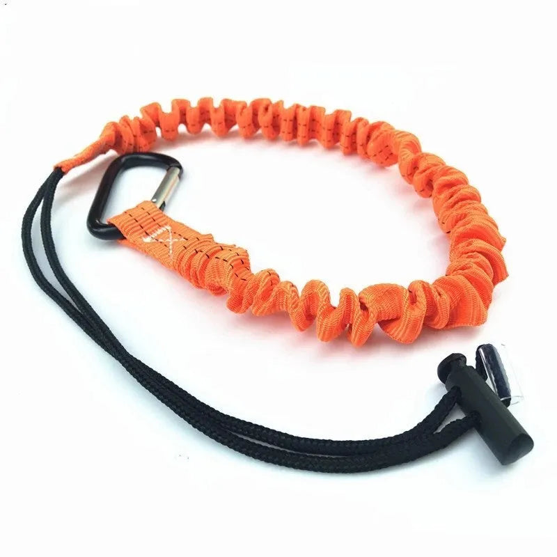 Orange fishing rod safety rope with clip, 90cm long, for fall protection.
