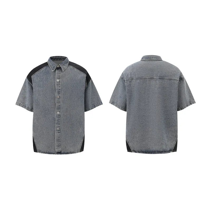 Retro washed denim short-sleeved jacket and full-length trousers suit set in black or blue